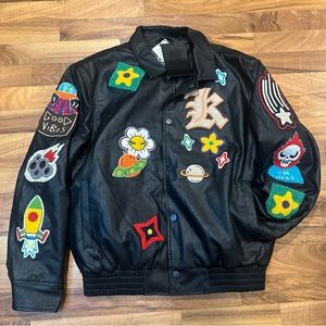 🔥 NWT Kloud9‎ Faux Leather Jacket Black Size Medium 3D Embroidery Patches